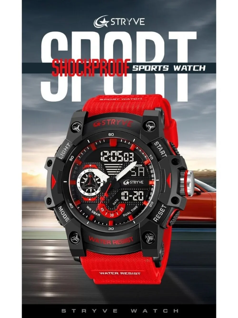 Mens Red Black Analog Quartz S-Shock Waterproof Outdoor Sports LED Digital Watch